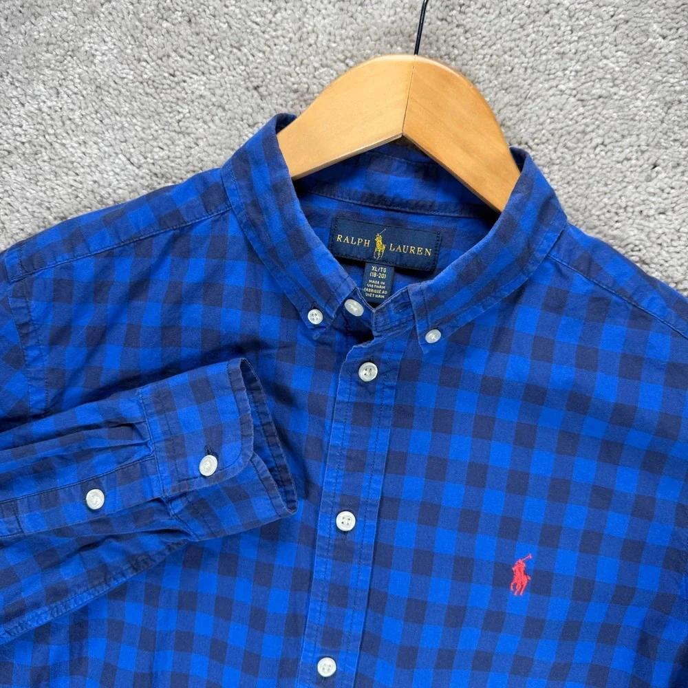 Ralph Lauren Boys XL 18-20 Blue Gingham Plaid Button Down Shirt Long Sleeve